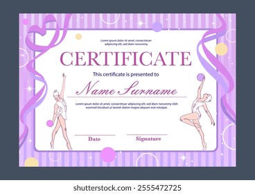 Rhythmic gymnastics sport diploma template. Colorful, bright, shiny certificate with ribbons and stars, pink, purple, lilac colours. Competition certificate design 