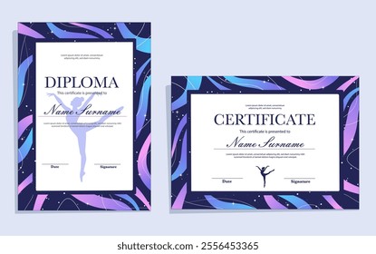 Rhythmic gymnastics sport diploma template. Colorful, bright, shiny certificate with ribbons and stars, pink, purple, blue and black colours, line background. 