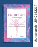 Rhythmic gymnastics sport pink diploma template. Colorful, bright, certificate with ribbons and stars, pink, purple, blue colours, line background. Trendy sport festive design for certificate