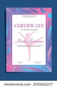 Ginástica rítmica esporte modelo de diploma rosa. Colorido, brilhante, certificado com fitas e estrelas, cor rosa, roxo, azul, fundo da linha. Design festivo desportivo moderno para o certificado