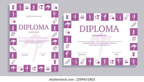 Rhythmic gymnastics sport pink diploma template. Colorful, bright certificate with gymnastics items and gymnast girls in frame. Trendy sport festive design