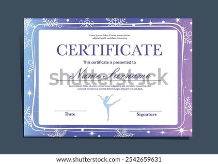 Rhythmic gymnastics sport winter horizontal diploma template. Celebration girls certificate with snowflakes, cold blue, purple colours, frozen background. Trendy sport festive design.