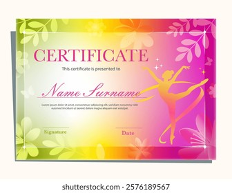 Rhythmic gymnastics spring sport diploma, horizontal template. Colorful, bright, shiny certificate with flowers and leaves and athlete silhouette, pink, purple, green, yellow colours. 