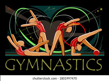 Rhythmic gymnastics. Team of girls gymnasts. Vector illustration isolated on black background. Silhouettes of sportswomen with sports equipment. Jump rope, ball, ribbon, hoop, clubs.	