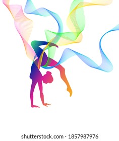 Rhythmic gymnastics. Vector silhouette of girl with multicolored lines