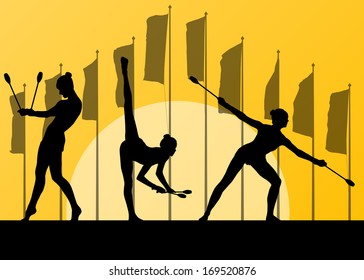 Rhythmic gymnastics woman with clubs vector background