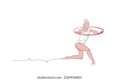 Rhythmic gymnastics. Woman with hoop. One continuous line art drawing of rhythmic gymnastics.