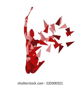 Rhythmic gymnastics woman performance with clubs vector abstract background illustration made of polygon fragments isolated on white