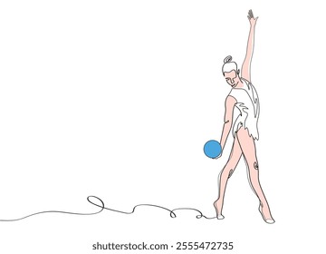 Rhythmic gymnastics. Woman with red ball, competition vector minimalistic banner, Sport event. Gymnast dances. One continuous line art drawing of rhythmic gymnastics.