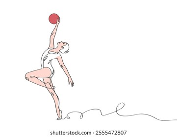 Rhythmic gymnastics. Woman with red ball, competition vector minimalistic banner, Sport event. Gymnast dances. One continuous line art drawing of rhythmic gymnastics.