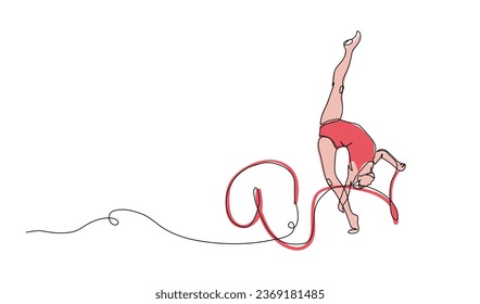 Rhythmic gymnastics. Woman with ribbon. One continuous line art drawing of rhythmic gymnastics.