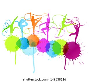 Rhythmic gymnastics woman with ribbon vector abstract background splashes
