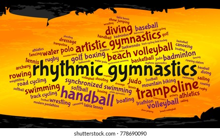 Rhythmic gymnastics. Word cloud, cool design, gold background. Summer sports.