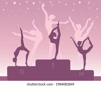 rhythmische Gymnasten auf Medaillenständer. rosafarbene violette Vektorgrafik