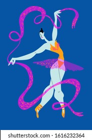 Rhythmic gymnasts with pink ribbon. Ballerina in yellow tutu standing on toes, cartoon style vector illustration isolated on blue background. 