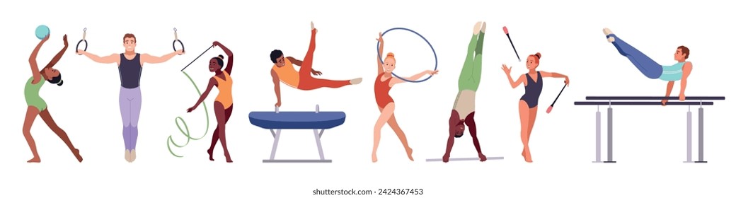 Rhythmic gymnasts. Professional athletes, young sports and artistic acrobats, strength, flexibility, man and woman with ribbons, balls and rings, cartoon flat isolated tidy vector set