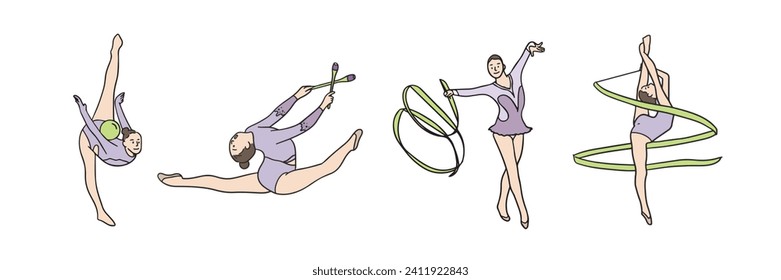 Rhythmic gymnasts with ribbons and balls. Illustration of a female gymnast with four movements in a light purple dance uniform.