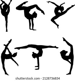 Rhythmic gymnasts. Six silhouettes of gymnasts. The shadows of the gymnasts. A set of silhouettes of gymnasts. Stencils	
