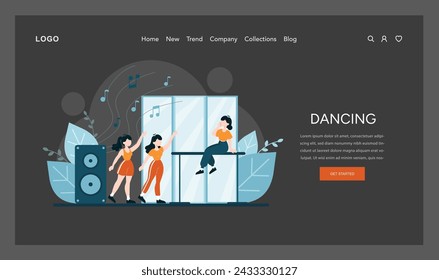 Rhythmic Joy concept. Dancers move to the beat, sharing the delight of music. Energetic dance session with dynamic movements and tunes. Vector illustration