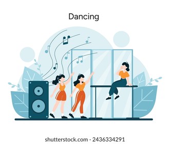 Rhythmic Joy concept. Dancers move to the beat, sharing the delight of music. Energetic dance session with dynamic movements and tunes. Vector illustration