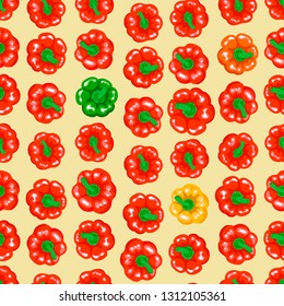 Rhythmic pattern of bell peppers. View from above. Delicious sweet peppers for spice or recipe. Vector vegetables for cooking.