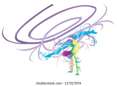Rhythmic Ribbon Gymnastic performer performing with abstract and stylish creative fantasy mascot concept in isolated background, create by vector