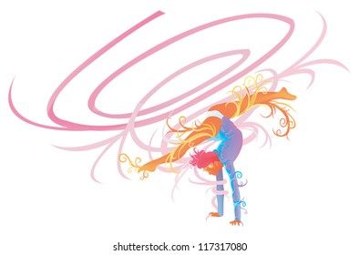 Rhythmic Ribbon Gymnastic performer performing with abstract and stylish creative fantasy mascot concept in isolated background, create by vector