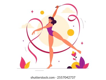 Rhythmic Rope Gymnastics Vector Illustration featuring a Female Rhythmic Gymnast Performing with a Rope in a Graceful Pose on a Flat Background