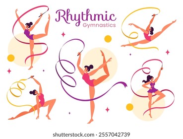 Rhythmic Rope Gymnastics Vector Illustration featuring a Female Rhythmic Gymnast Performing with a Rope in a Graceful Pose on a Flat Background