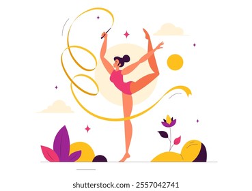 Rhythmic Rope Gymnastics Vector Illustration featuring a Female Rhythmic Gymnast Performing with a Rope in a Graceful Pose on a Flat Background