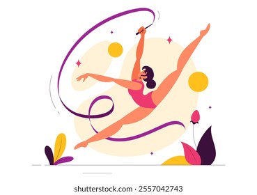 Rhythmic Rope Gymnastics Vector Illustration featuring a Female Rhythmic Gymnast Performing with a Rope in a Graceful Pose on a Flat Background