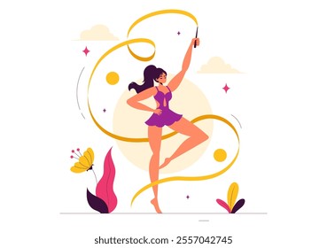 Rhythmic Rope Gymnastics Vector Illustration featuring a Female Rhythmic Gymnast Performing with a Rope in a Graceful Pose on a Flat Background