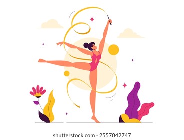 Rhythmic Rope Gymnastics Vector Illustration featuring a Female Rhythmic Gymnast Performing with a Rope in a Graceful Pose on a Flat Background