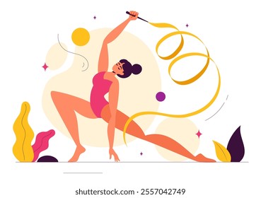 Rhythmic Rope Gymnastics Vector Illustration featuring a Female Rhythmic Gymnast Performing with a Rope in a Graceful Pose on a Flat Background