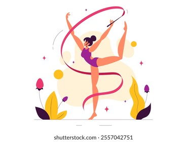 Rhythmic Rope Gymnastics Vector Illustration featuring a Female Rhythmic Gymnast Performing with a Rope in a Graceful Pose on a Flat Background