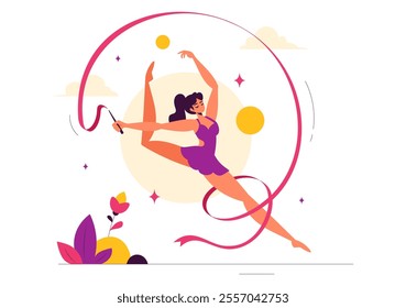 Rhythmic Rope Gymnastics Vector Illustration featuring a Female Rhythmic Gymnast Performing with a Rope in a Graceful Pose on a Flat Background