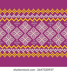 A rhythmic tribal stripe pattern in purple, accented with warm orange and yellow elements. A festive and cultural-inspired design.