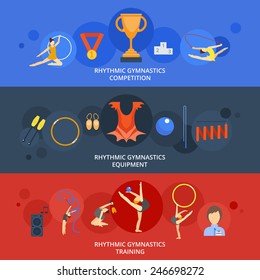 Rhythmics gymnastics flat horizontal banner set with competition equipment training elements isolated vector illustration