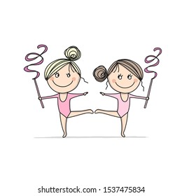 Rhytmic gymnastic. Cute girls, sketch for your design. Vector illustration