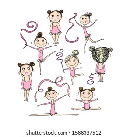 Rhytmic gymnastic. Cute girls, sketch for your design. Vector illustration