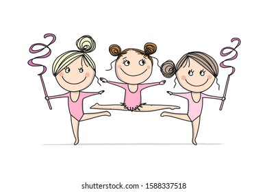 Rhytmic gymnastic. Cute girls, sketch for your design. Vector illustration