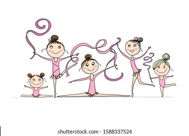 Rhytmic gymnastic. Cute girls, sketch for your design. Vector illustration