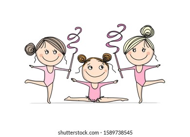 Rhytmic gymnastic. Cute girls, sketch for your design. Vector illustration