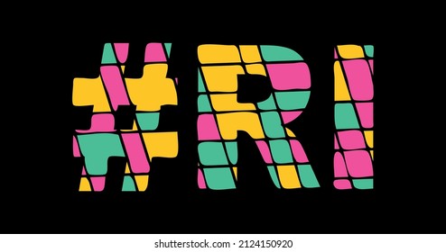 RI Hashtag. Tricolor isolated letters from contrast flowing fluid shapes. 3 colored Hashtag #RI is abbreviation for the US American Rhode Island for social network, web resources, mobile app