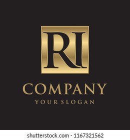 RI initial letters looping linked box elegant logo golden black background