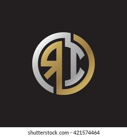 RI initial letters looping linked circle elegant logo golden silver black background
