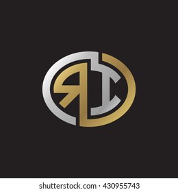 RI initial letters looping linked ellipse elegant logo golden silver black background