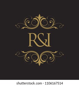 RI Initial logo. Ornament ampersand monogram golden logo black background