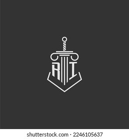 RI initial monogram law firm with sword and pillar logo design