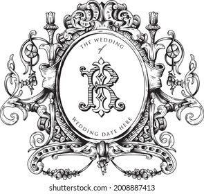 RI Monogram Wedding Icon Logo in Baroque Classic Ornament Pattern Isolated